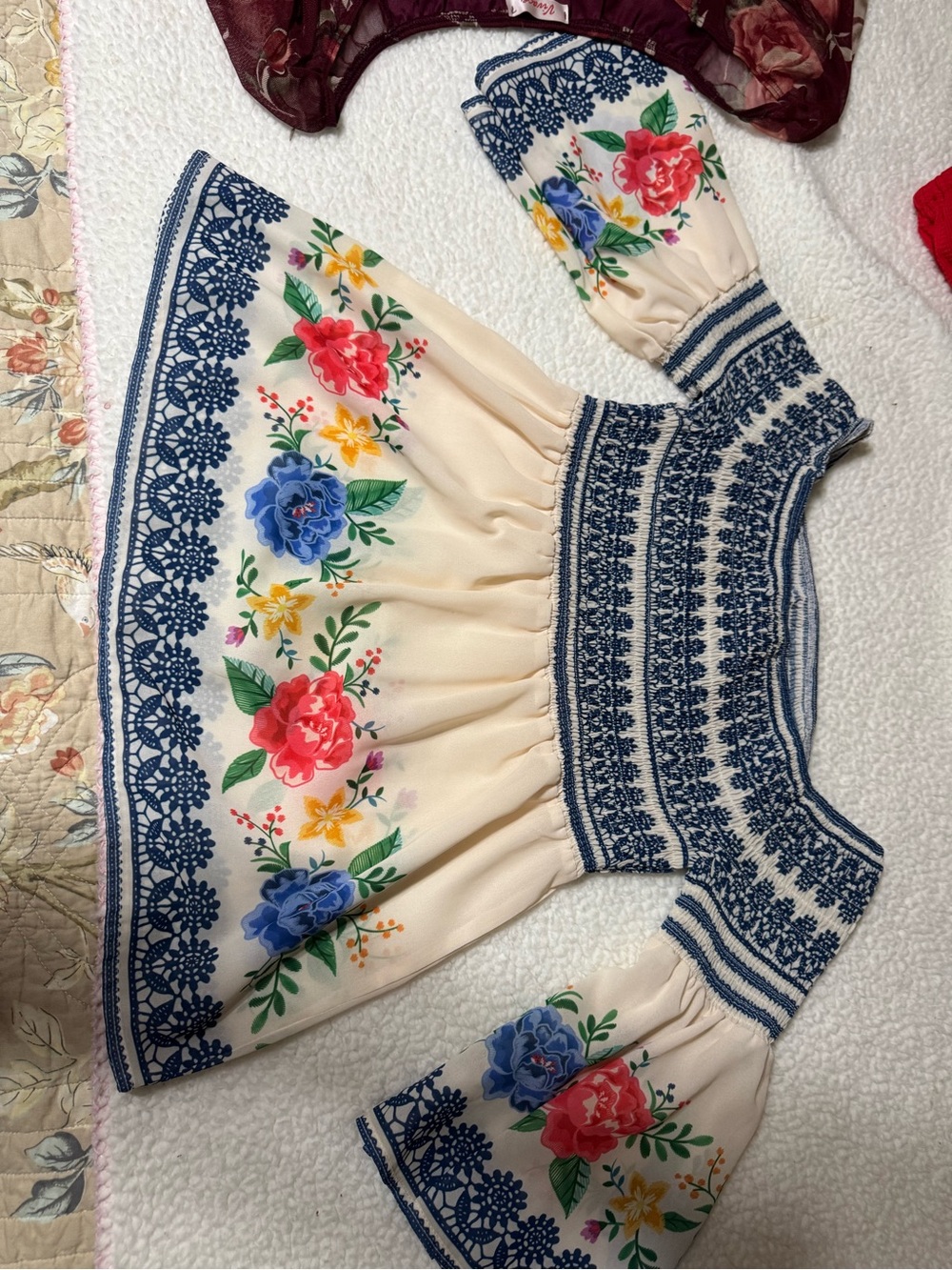 Flying Tomato Blue and Cream Smocked Top